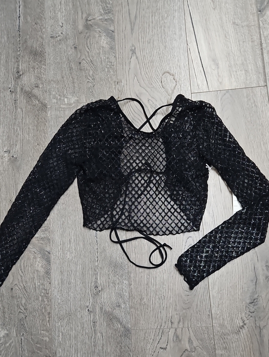 Tops - Black Long-Sleeve Lace Crop Top with Tie-Back